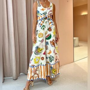 NWT Alémais Theo Linen Blend Wide Leg Pants Tropical & Fruit Pattern